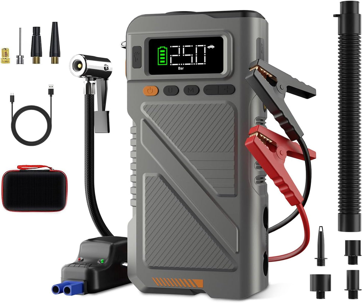 Car Jump Starter with Air Compressor 9000A, 9 in 1 Jumper Box for Car Portable 12V Jump Pack(All Gas/16L Diesel) Combo 150 PSI Tire Inflator & Air Inflator/Deflator Pump w/Extended Jump Cable