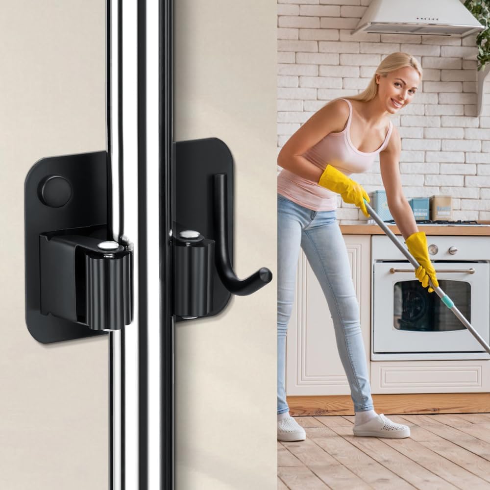 4-Pack Broom Holder with Heavy Duty Hooks, Upgraded Stainless Steel Mop Hanger. Wall Mount Utility Tool Rack for Kitchen Garden Laundry Garage. Matte Black.