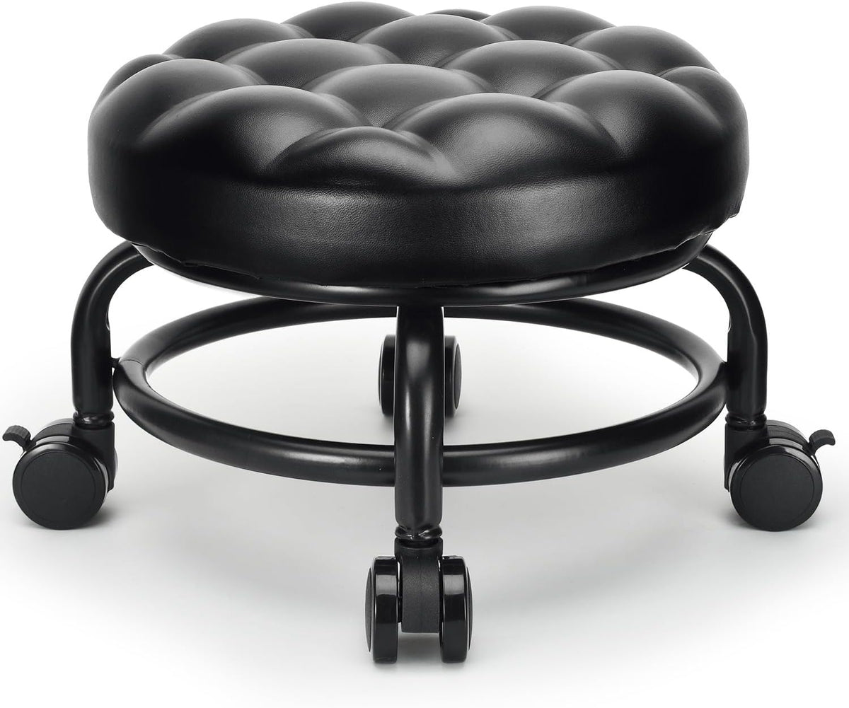 Low Height Rolling Stool Roller Stool PU Leather Comfortable Seat 360°Swivel Rotating, Modern Rolling Chair for Home Office Garage Shop