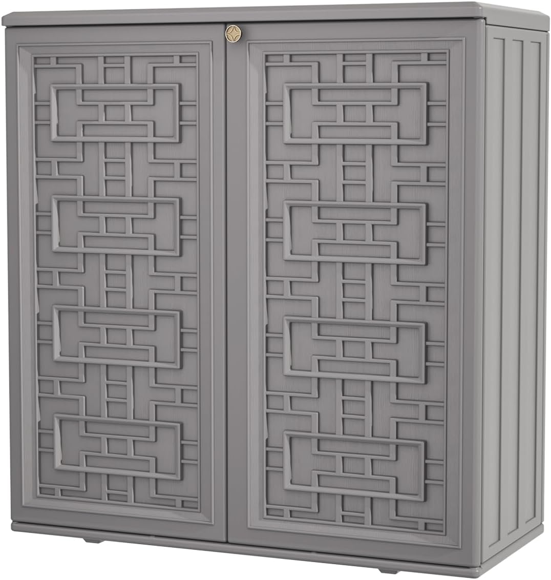 KINYING Outdoor Storage Cabinet Waterproof, Resin 60 Gallon Deck Box for Patio Furniture Cushions, Garden Tools, Pool Tools and Kids’ Toys (Grey with 1 Shelving)