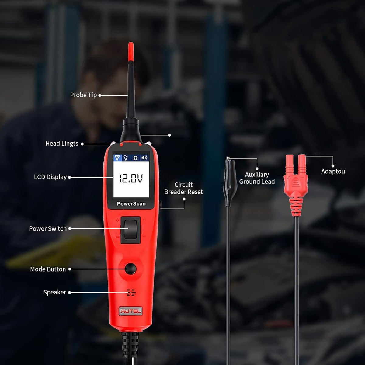 Autel PowerScan PS100 Circuit Tester, Universal 12V 24V Automotive Power Circuit Probe Kit with 20ft Extension Cable, AC/DC/Continuity/Probe/Signal Test, Activate Component Electrical System Tool
