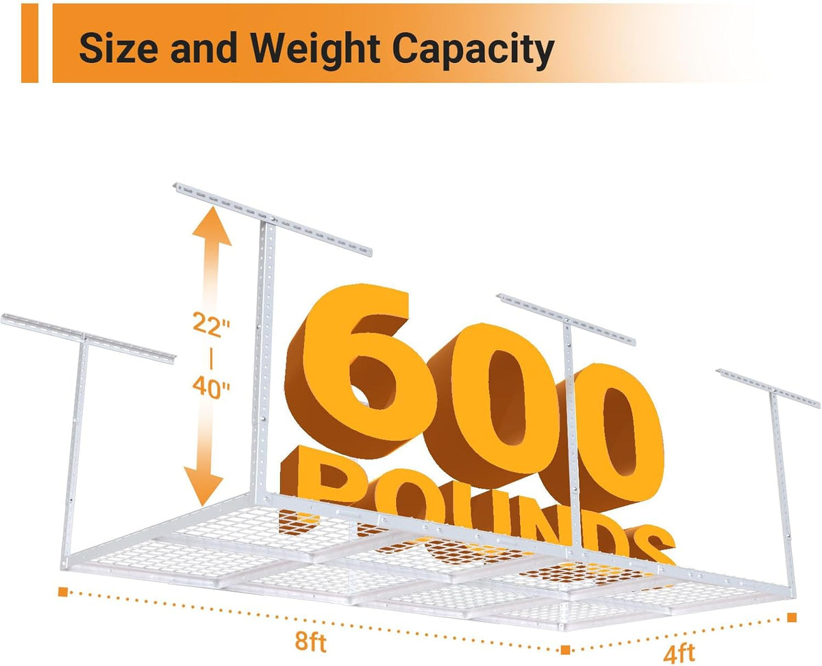 4ftx8ft Overhead Garage Storage Rack, Heavy-Duty Metal Garage Ceiling Storage Rack, 22''-40" Adjustable Ceiling Drop-Down, 600 lb. Loading Weight Capacity, White