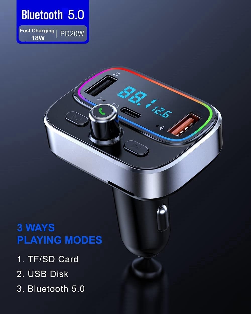 Bluetooth FM Transmitter for Car Wireless Radio Adapter Kit, Hands-Free Calling Dual Microphone, Fast Charging 18W & PD 20W for All Smartphones Audio Players, Supports TF/SD Card and USB Disk
