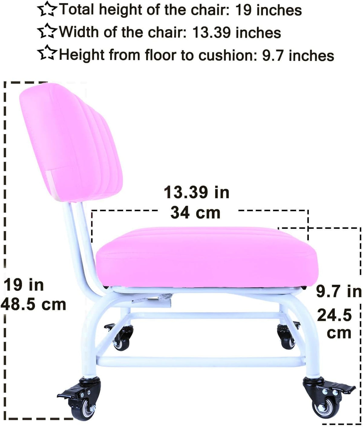 Rolling Stool and 4 Wheels with Brakes Rolling Chair for Home Office Garage Shop Roller Seat Water-Proof High Density Cushion and Steel Pink