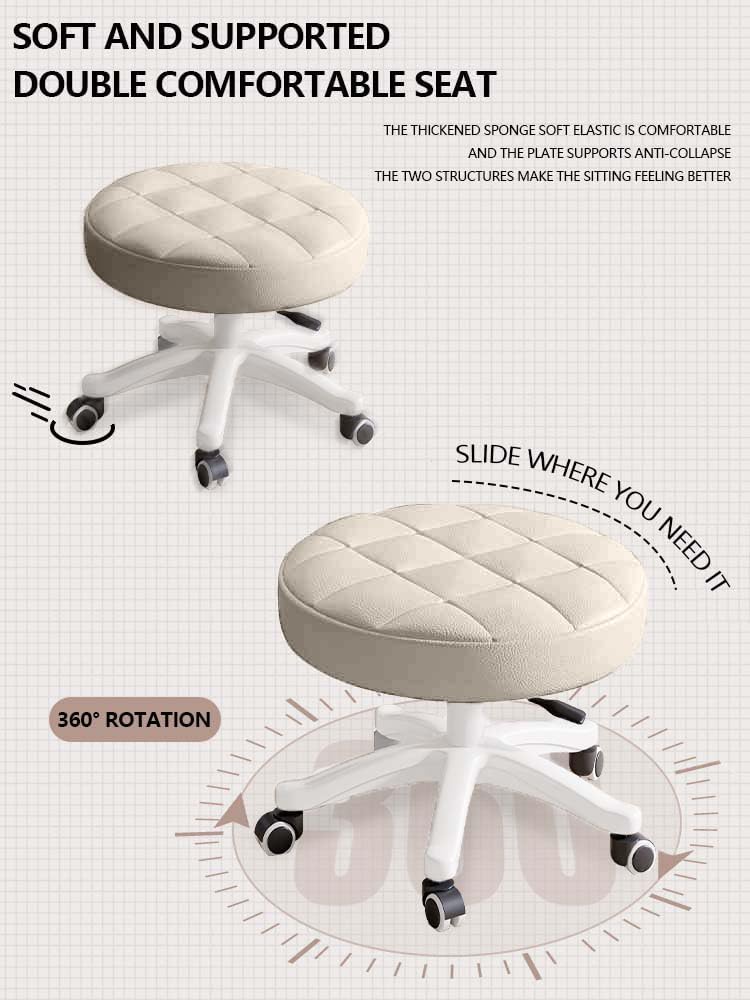 Small Chair Round Rolling Stool with Wheels PU Leather Height Adjustable Swivel Drafting Work SPA Salon Stools Home Office Chair