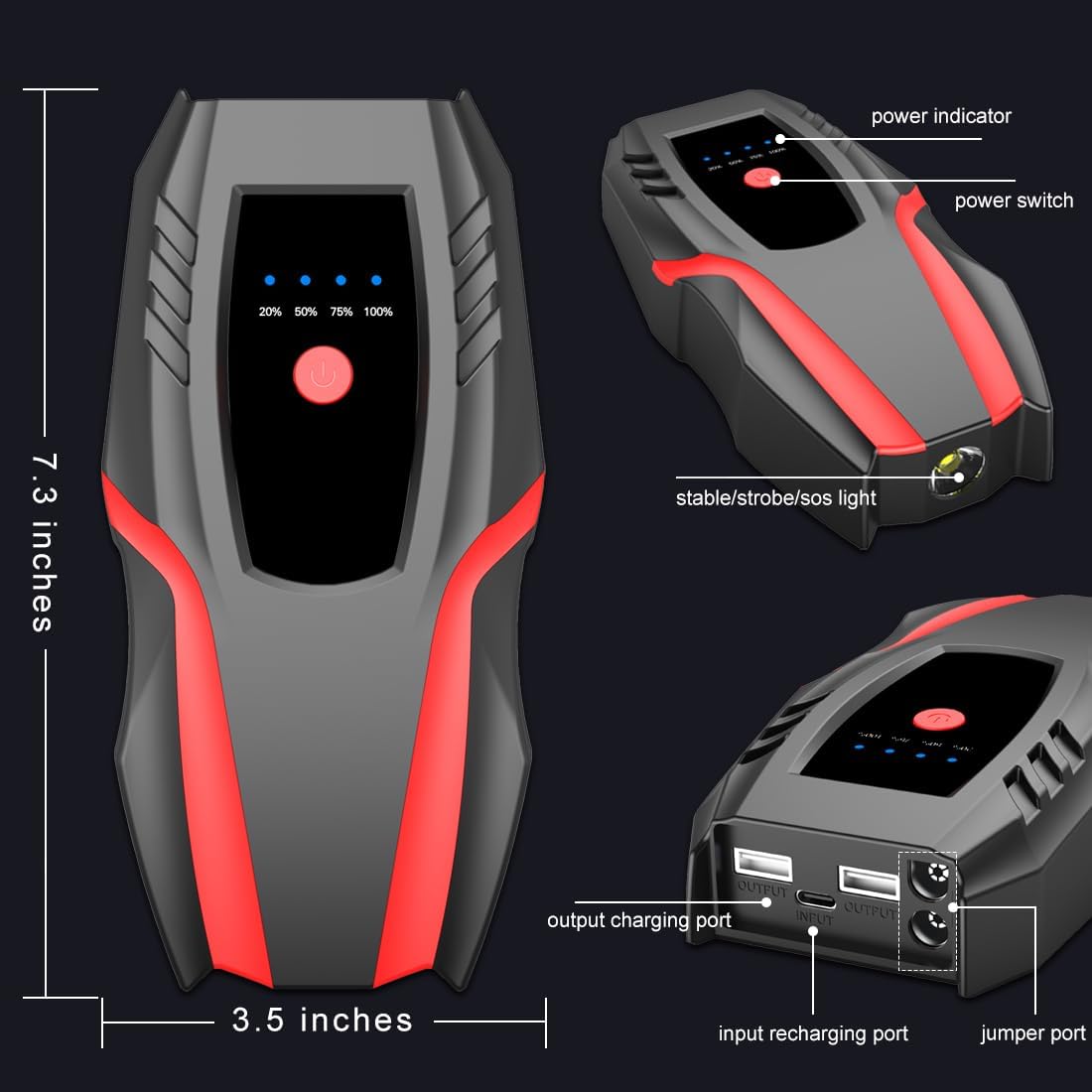 12v Auto Jump Starter Peak Current 2000A (8.0L Gas and 5.0L Diesel Engine), Car Lithium Battery Charger Jumper Cable Pack, 8000mah Portable Power Bank with LED Light&USB Quick Charge