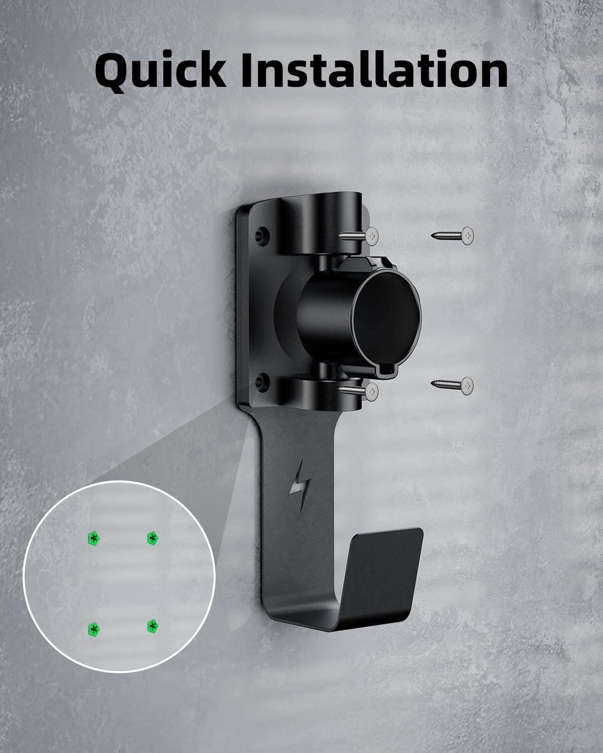 EV Charger Holder, with 180° Rotation Nozzle Dock, Metal J-Hook for SAE J1772 Charger Holder Organizer Wall-Mount Connector Electric Vehicle Charging Cable Car Accessories