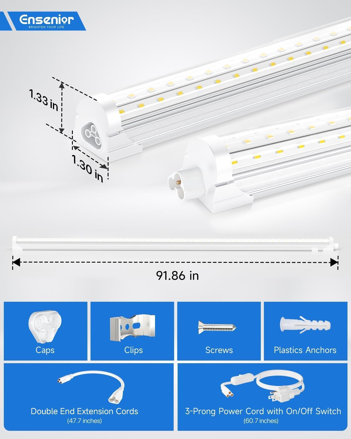 Ensenior 10 Pack 4 FT Led Shop Lights, 6000K Clear White, 5000LM Super Bright, 36W Equivalency 468W, Commercial Bay Lighting, U-Shaped Linkable Shop Lights Plug in for Garage, Workshop, FCC Certified