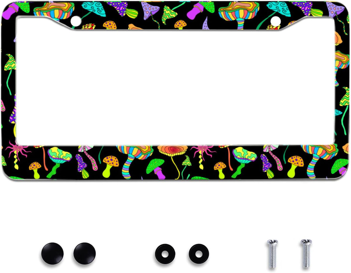 Personalise Colorful Mushrooms License Plate Frames Funny License Plate Frame Car Universal Stainless Steel Accessories Cars Decor with 2 Holes and Screws Fits Standard US Vehicles Size 12.2 x 6 Inch