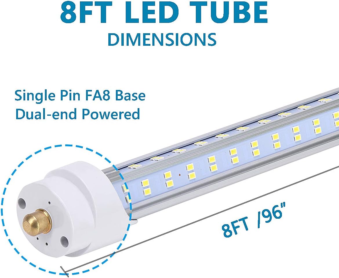 20/Pack LED Light Tubes -144W 6000K 18800 Lumens,Single Pin Fa8 Base,T8 T10 T12 LED Fluorescent Bulbs Replacement, Double Sided Four Row 768pcs,V Shape, Dual-Ended Power, Ballast Bypass