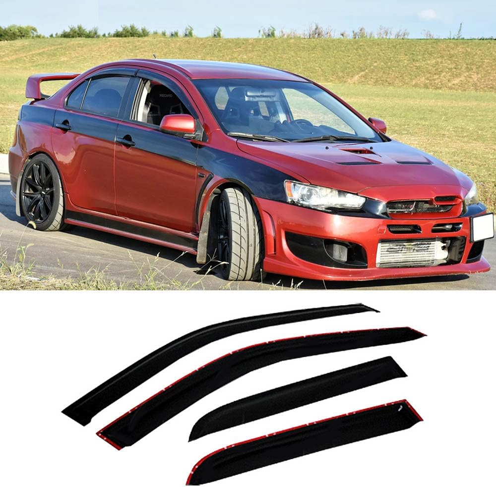 94039 Original Side Window Visors Wind Vent Deflector fit for 2007-2016 Mitsubishi Lancer,4pcs Outside Mount Style Dark Smoke Nice Sun Rain Guards Set