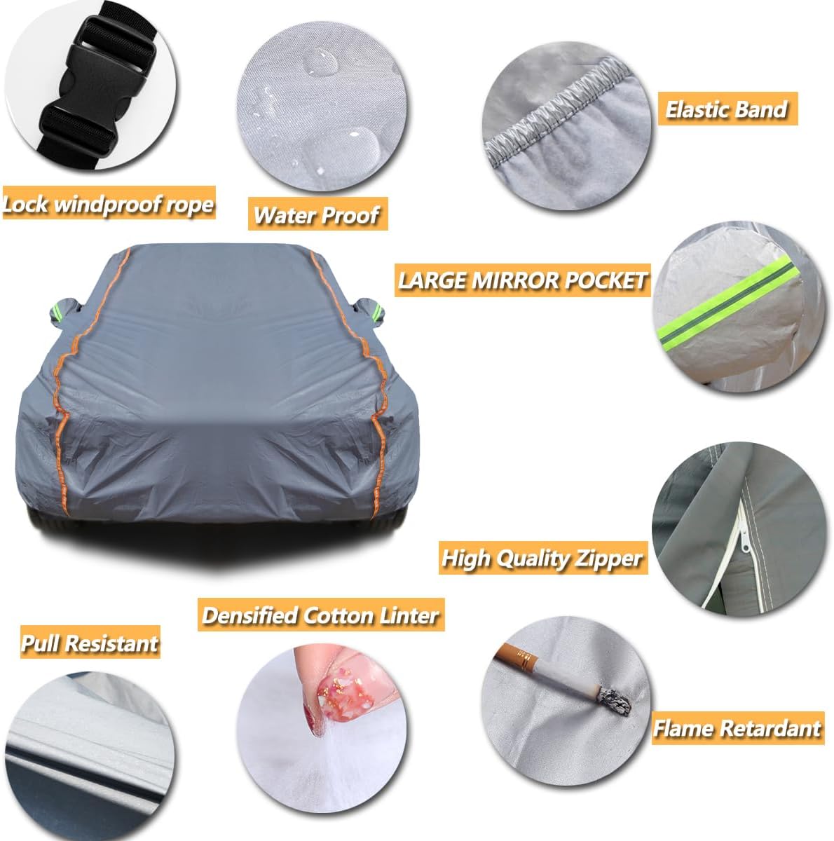 TUCAREST 6-Layers PEVA Premium Full Car Cover Fit for Sedan hatchback Pickup SUVs MPV Rain and snow protection, sun protection, UV protection, and protection of car paint surfaces-Silver Grey -Up 198"