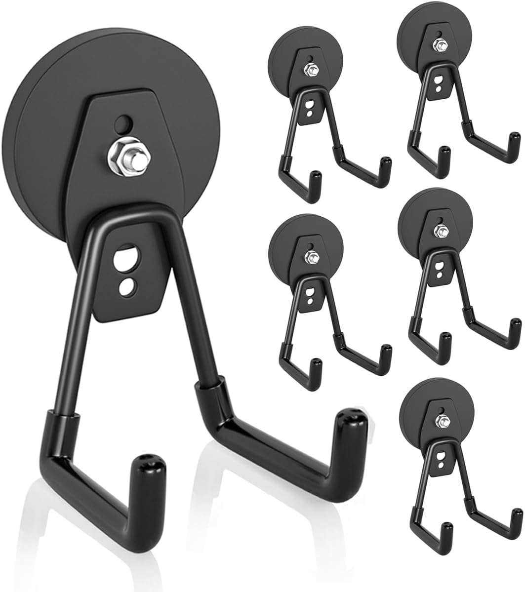 ENUODA Strong Magnetic Hooks 6 Pack Large Rare Earth Magnet Hooks Heavy Duty Utility Magnetic Tool Holder for Garage Organization, Van, Barn, to Hang Bag, Coat, Power Tool, Toolbox, Shovel, Broom,