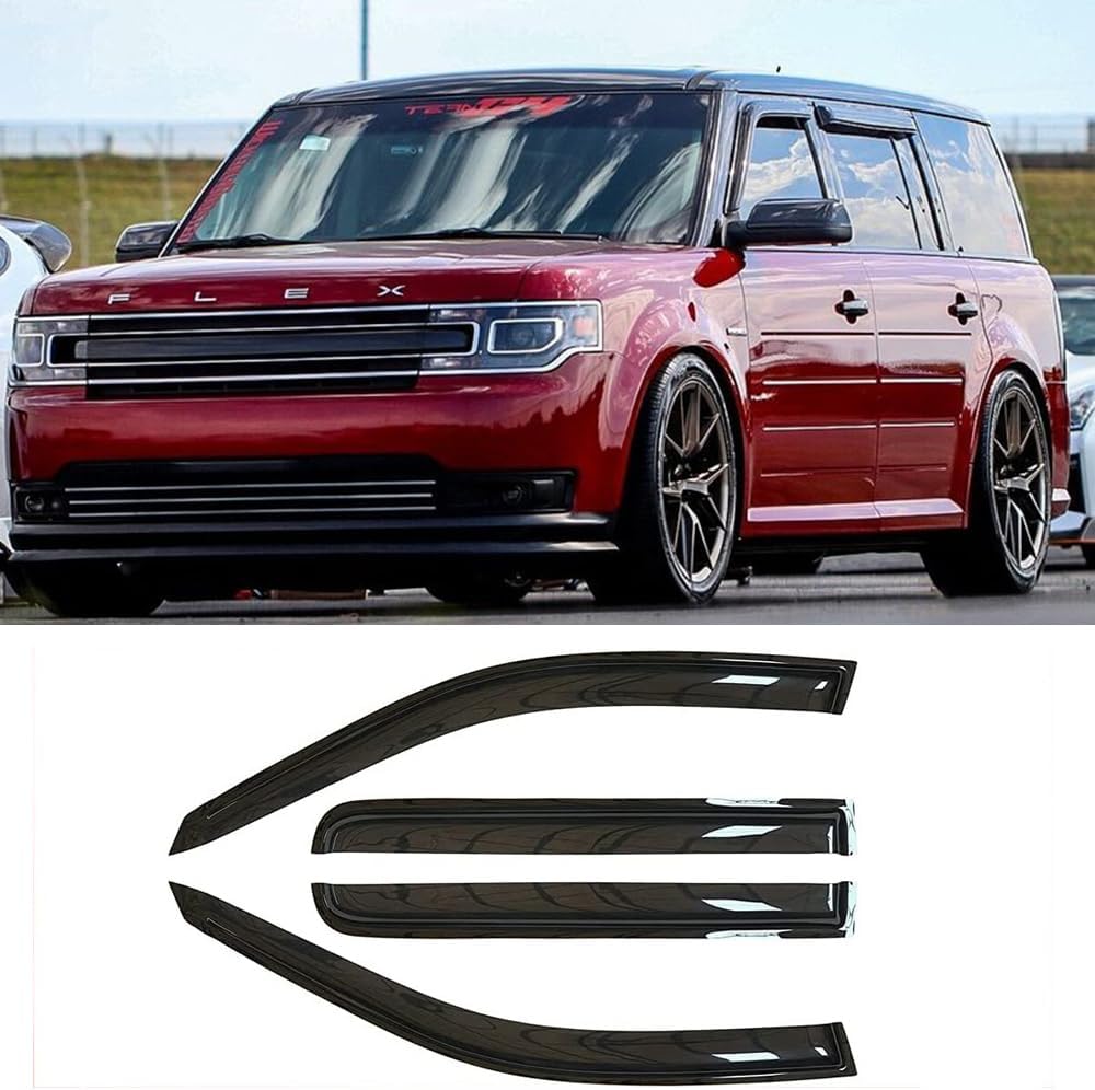 94079 Side Window Visors Wind Vent Deflector,4pcs Outside Mount Tape-On Nice Sun Rain Guards Set fit for 2009-2019 Ford Flex,Dark Smoke Window Shade