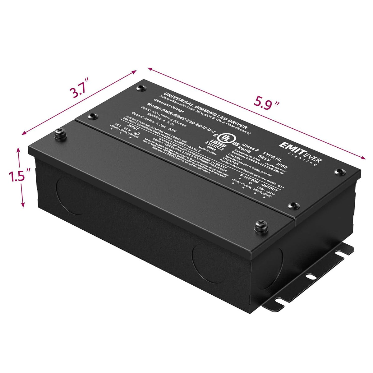 EMITEVER Dimmable Led Driver, 2 Packs 30W AC 110V-277V to DC 24V Transformer, 5-in-1 Dimming: ELV/MLV/TRIAC / 0-10V / 1-10V / 10V PWM/Potentiometer, Waterproof IP67 and UL Listed