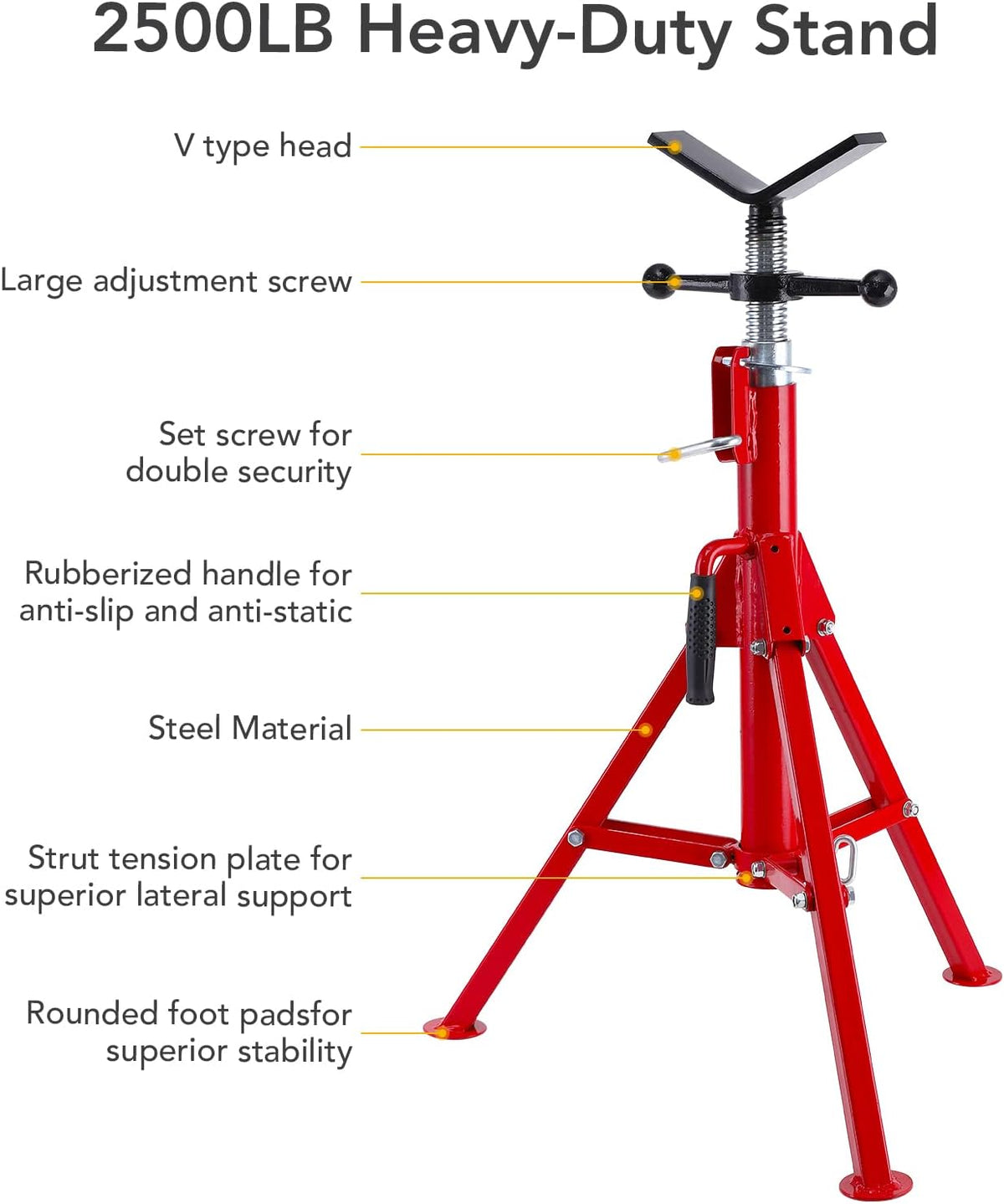 Towallmark V Head Pipe Jack Stand,28-52 Inch Adjustable Height,1/8"-12" Capacity, 2500 lb Load Capacity,Heavy Duty Carbon Steel Body, Steel Jack Stands with Portable Folding Legs