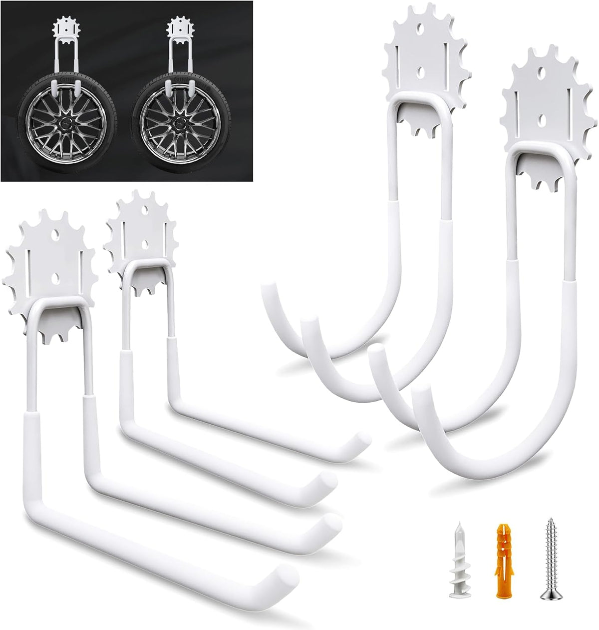 Garage Hooks White 4 Pack,68-110LB Heavy Duty Steel Storage Utility Hooks with PVC Anti-Slip Coating,Wall Mount Hooks for Hanging Garden and Power Tools,Bike,Ladder,Hose