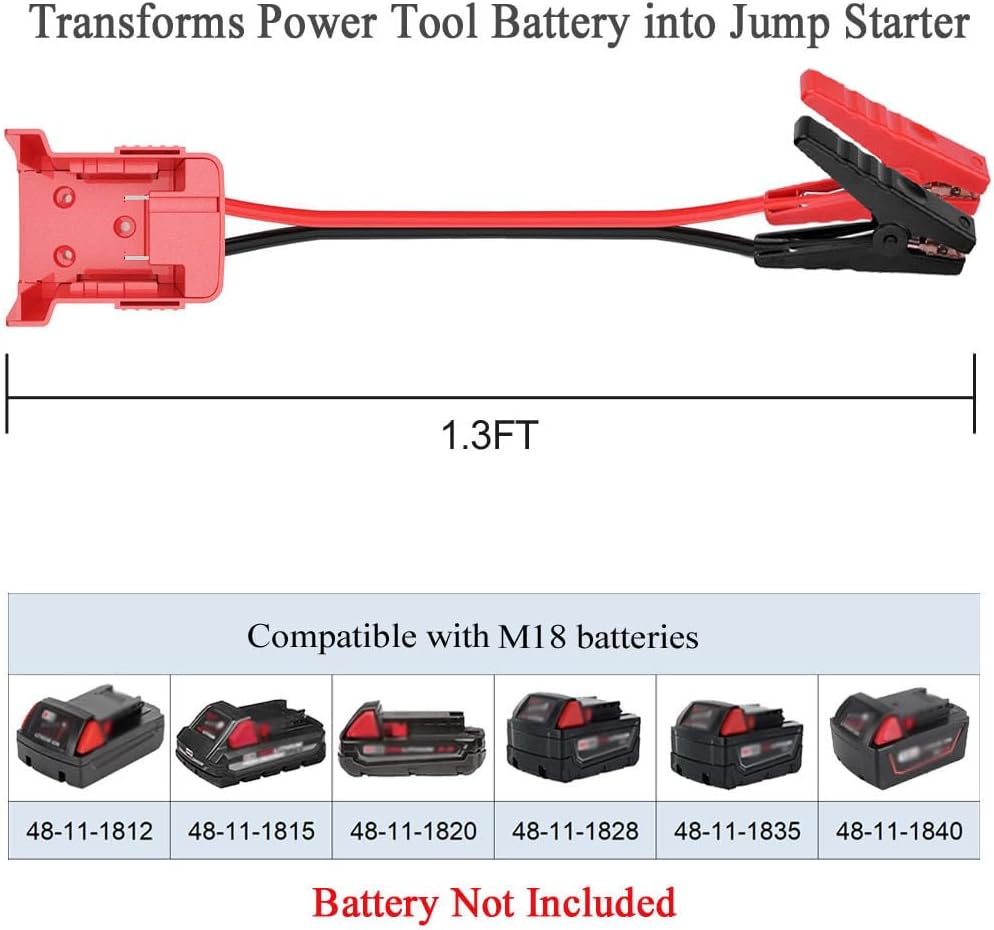 Jumper Cables alligator clips Compatible with Mil.waukee M18 18V Batteries, Silicone wire 8AWG 1.3FT Automotive Booster Cables for Jump Starting Tool Battery, Temperature resistance 392℉ 200℃