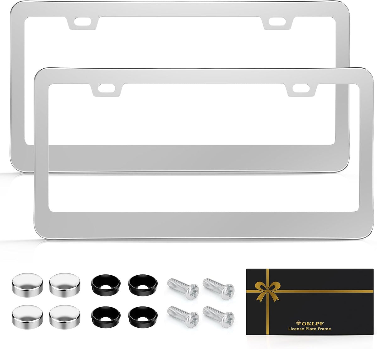 OKLPF Silver (Stainless Steel Color) License Plate Holder, Stainless Steel License Plate Holder, License Plate Front and Back 2-Pack. (2 Hole), Nuts, Screws and Washers Included