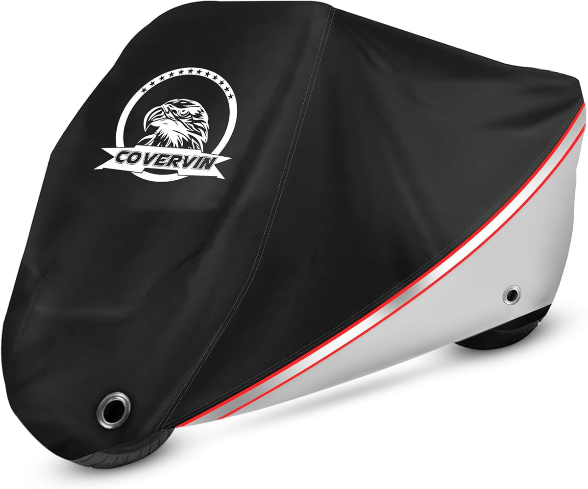 COVERVIN Motorcycle Cover, All Weather Outdoor Waterproof Night Protection with Reflective Strips, Locking Holes and Storage Bag for 116 Inch Suzuki, Kawasaki, Honda, Harley-Davidson(Silver XXXL)