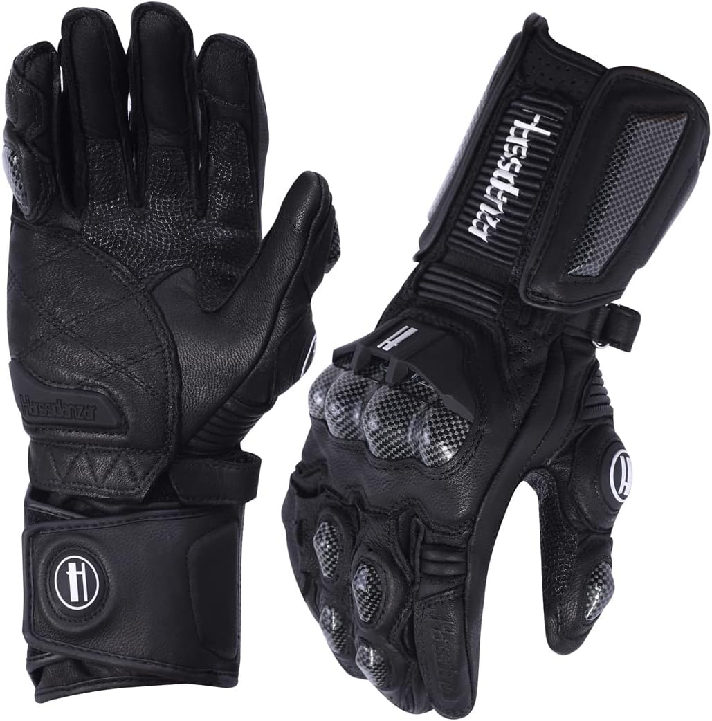 Harssidanzar Leather Motorcycle Gloves for Men and Women,Powersports Carbon Fiber Knuckle Protection Motorbike Gloves KM045