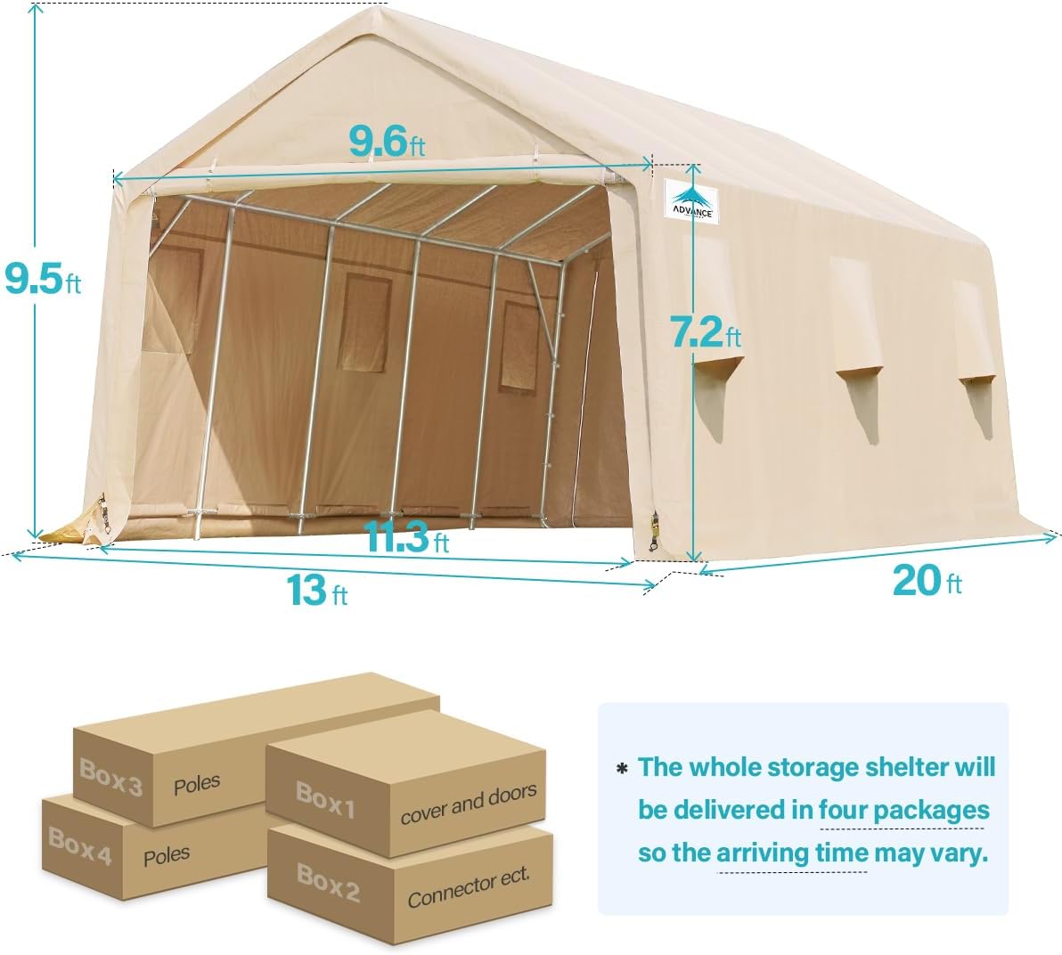 ADVANCE OUTDOOR 13x20 ft Carport 2 Roll up Doors & Vents Outdoor Portable Storage Shelter Garage Tent for Vehicle Boat Truck Anti-UV Snow Resistant Waterproof, Beige