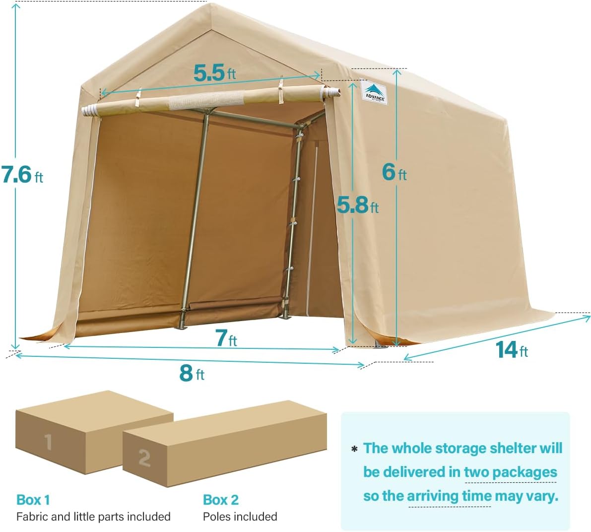 ADVANCE OUTDOOR 8X14 ft Steel Metal Peak Roof Portable Garage Shelter Storage Shed Carport for Motorcycle Bike or Garden Tools with 2 Roll up Doors & Vents, Beige