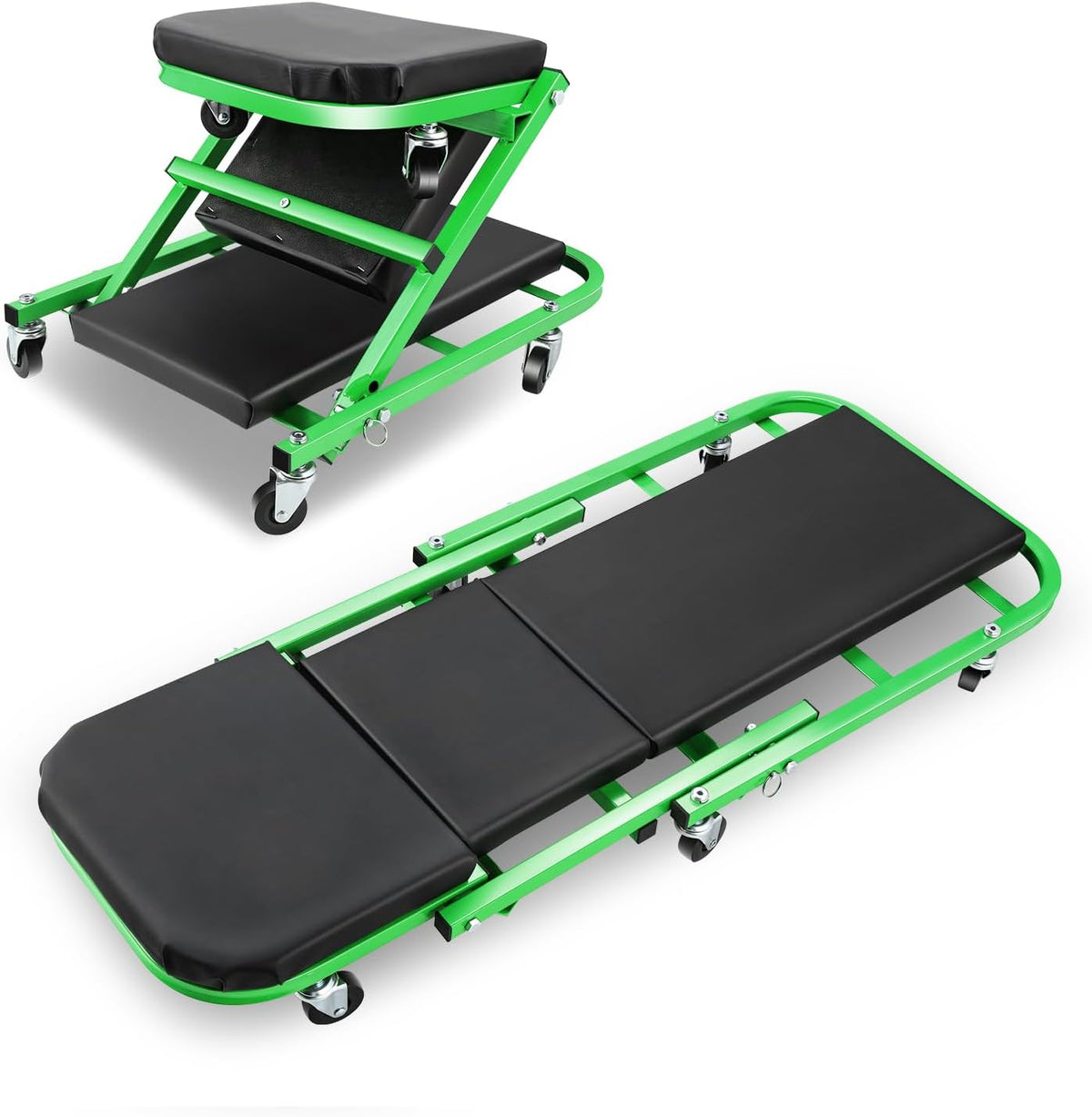 DNA MOTORING 40 Inches Folding 2 in 1 Rolling Z Creeper, Adjustable Roller Garage Chair Lay Down or Sit, 6 Pcs 2" Casters, 150kg Weight Capacity, Green, TOOLS-00187-GR
