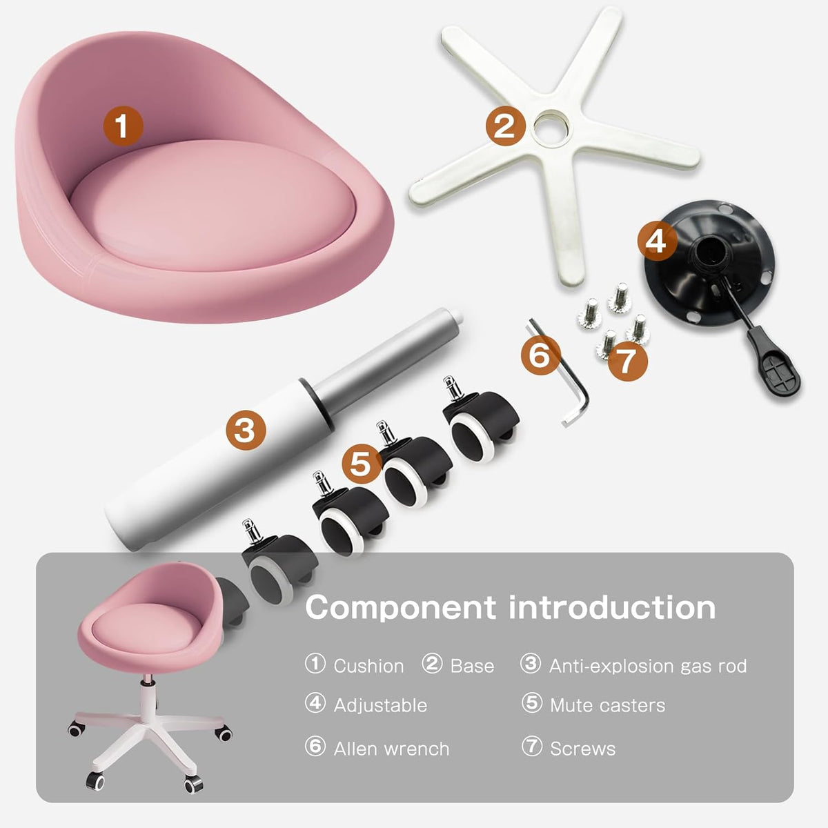 Rolling Stool Set of 4 Rolling Hydraulic Salon Stool with Low Backrest - Adjustable Swivel Chair for SPA, Shop, Salon, Massage, or Medical Office Pink