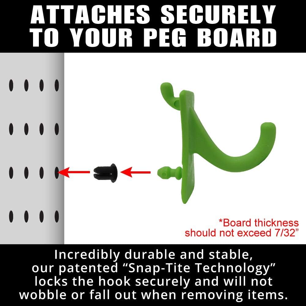 PegPro® J Hooks Kit for Standard “Wood Fiber” pegboard – Durable Plastic Pegboard Hooks - for Garage, Kitchen, Craft Room, and More (J Hook - 24 Pack, Kiwi)