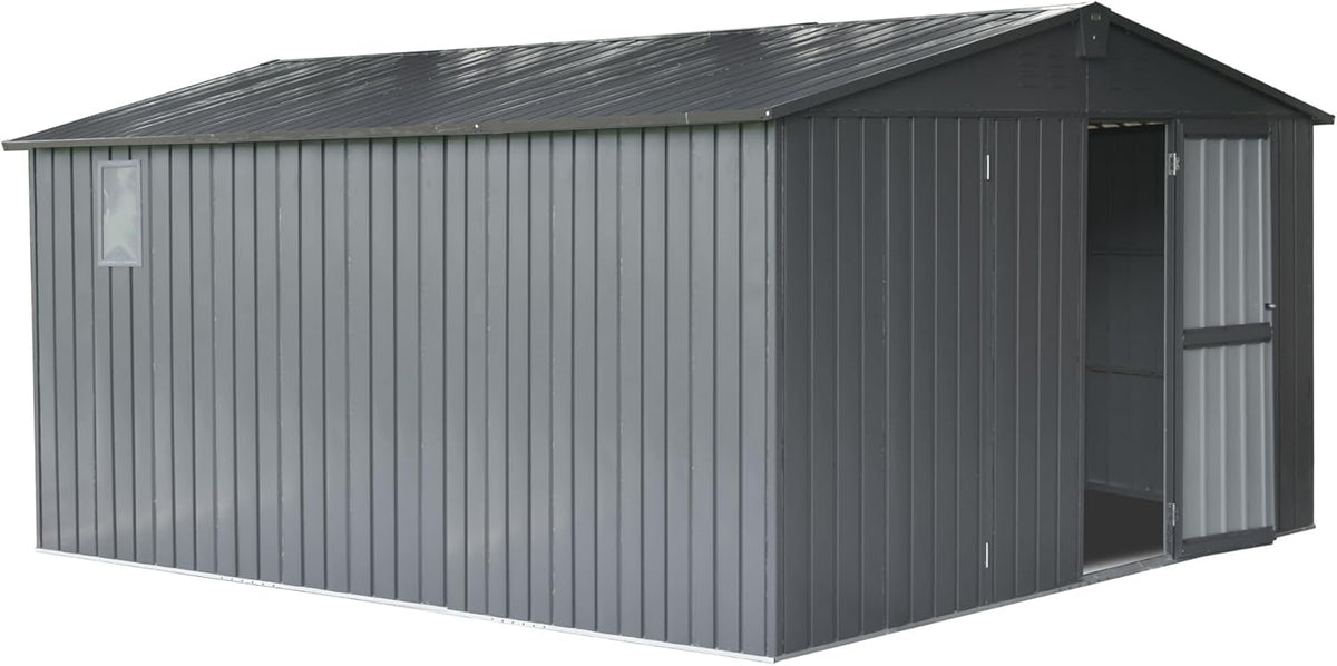 IKERY Extra - Large Galvanized Steel Storage Shed - 11' x 12.5' with Windows and Lock, Garden and Utility Tool Shed for Backyard and Patio, Dark Gray