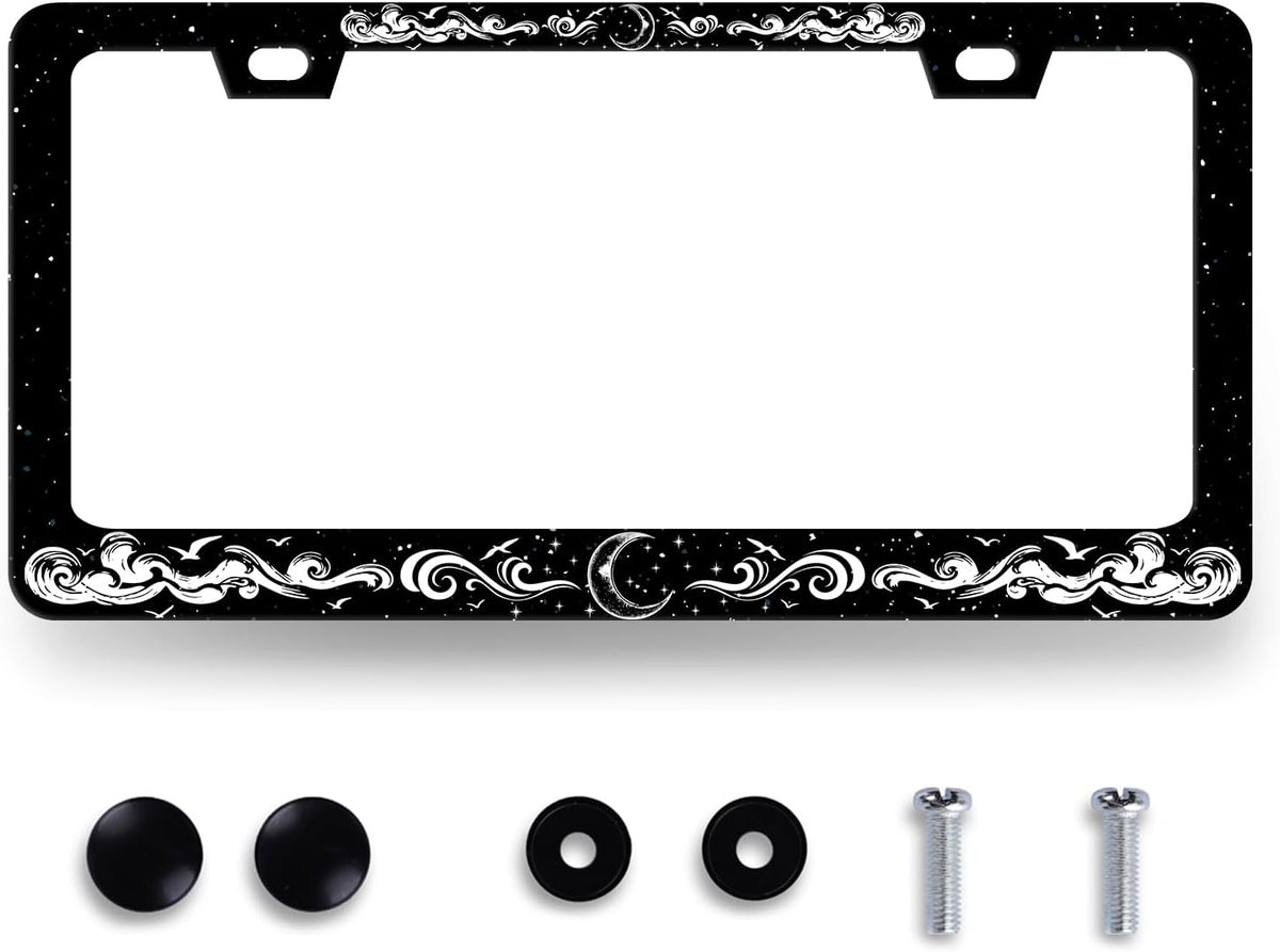 Moon License Plate Frame Clouds Stars Starry Sky License Plate Stainless Steel Funny Black Accessories Cars Decor 12.2 X 6.2 Inch with 2 Holes and Screws Fits Standard Us Ca Vehicles