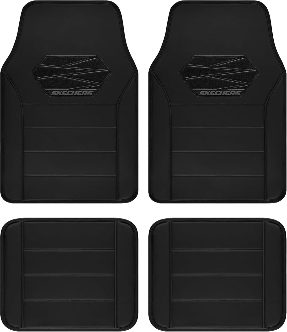 Skechers Memory Foam Car Mats, Leather Piping with Anti-Slip Pad, Universal Waterproof Fit Automotive Floor Mats for SUV, Vans, Sedans, Trucks, Full Set 4pcs Black