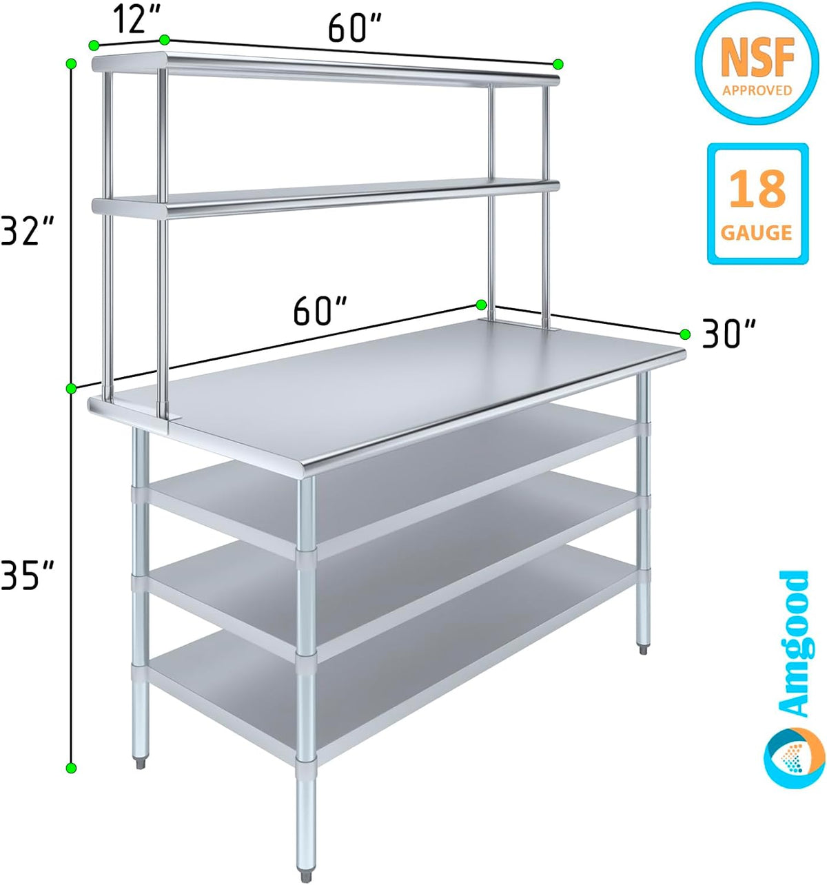 Amgood 30" x 60" Stainless Steel Work Table with 3 Shelves and 18" Wide Double Tier Overshelf | Metal Kitchen Prep Table & Shelving Combo | NSF