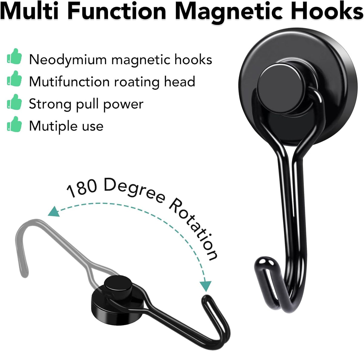MIKEDE Magnetic Hooks, 40Lbs Heavy Duty Neodymium Magnet Hooks Black Magnets with Swivel Hooks for Hanging, Rust Proof Strong Magnets Hook, Magnetic Metal Hanger for Fridge, Storage, 6 Pack