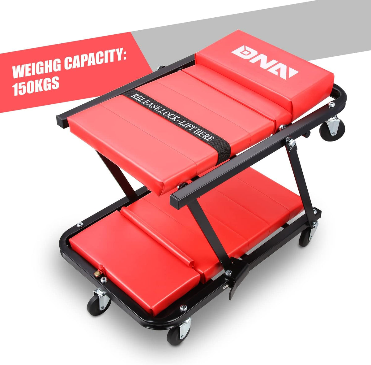 DNA Motoring TOOLS-00192 48" 2 IN 1 Folding Rolling Garage Shop Creeper Roller Seat, 7 Pcs 2" Casters, 350 Lbs Weight Capacity, Red