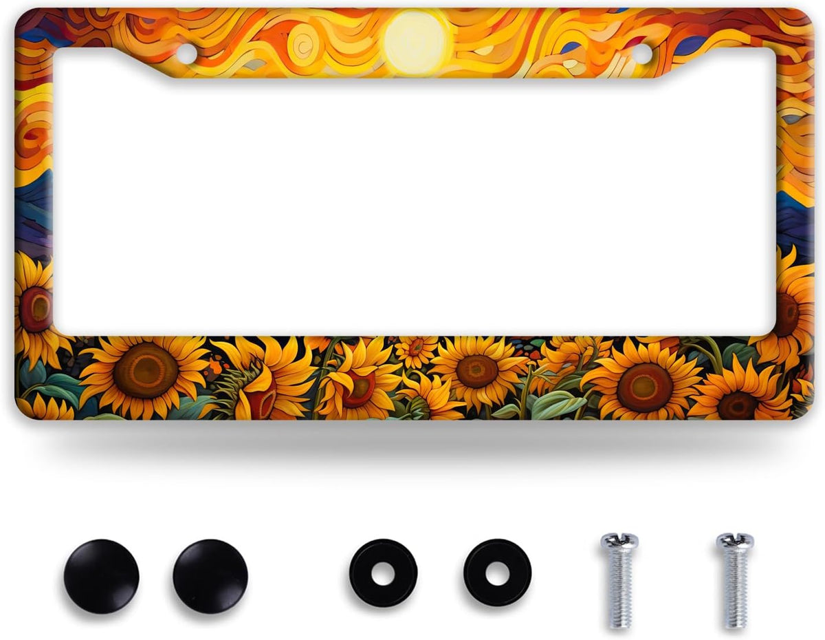 Sunflower Sun License Plate Frame Funny Yellow Flower License Plate Frames Stainless Steel Accessories Cars Decor with 2 Holes and Screws Fits Standard Us Ca Vehicles License Plate Holder 12.2 X 6 in