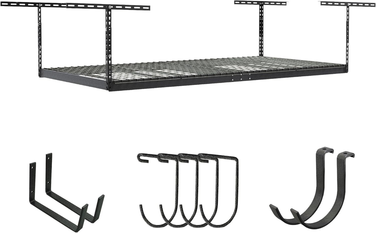 SafeRacks Overhead Storage Rack - Heavy Duty, 600 lb Capacity, Adjustable, Ceiling Mount for Garage 4x8 Hammertone (12"-21")