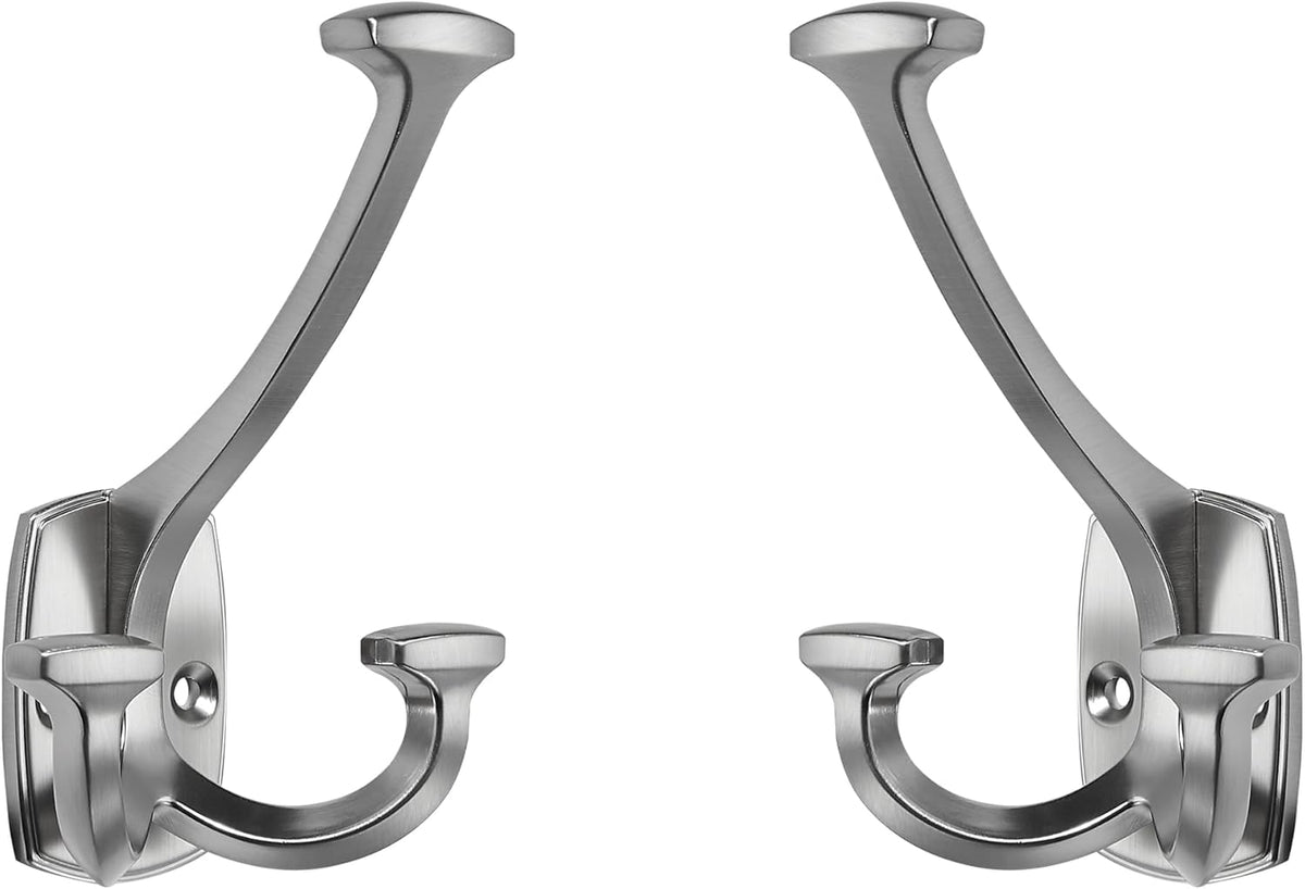 Large Wall Double-Sided Hook 5 Pack Brushed Satin Nickel Hook Decorative Heavy Duty Solid Large Coat Hooks for Towel Hanging Coats Robe Towel Bags Door Back 2 Prong Hooks