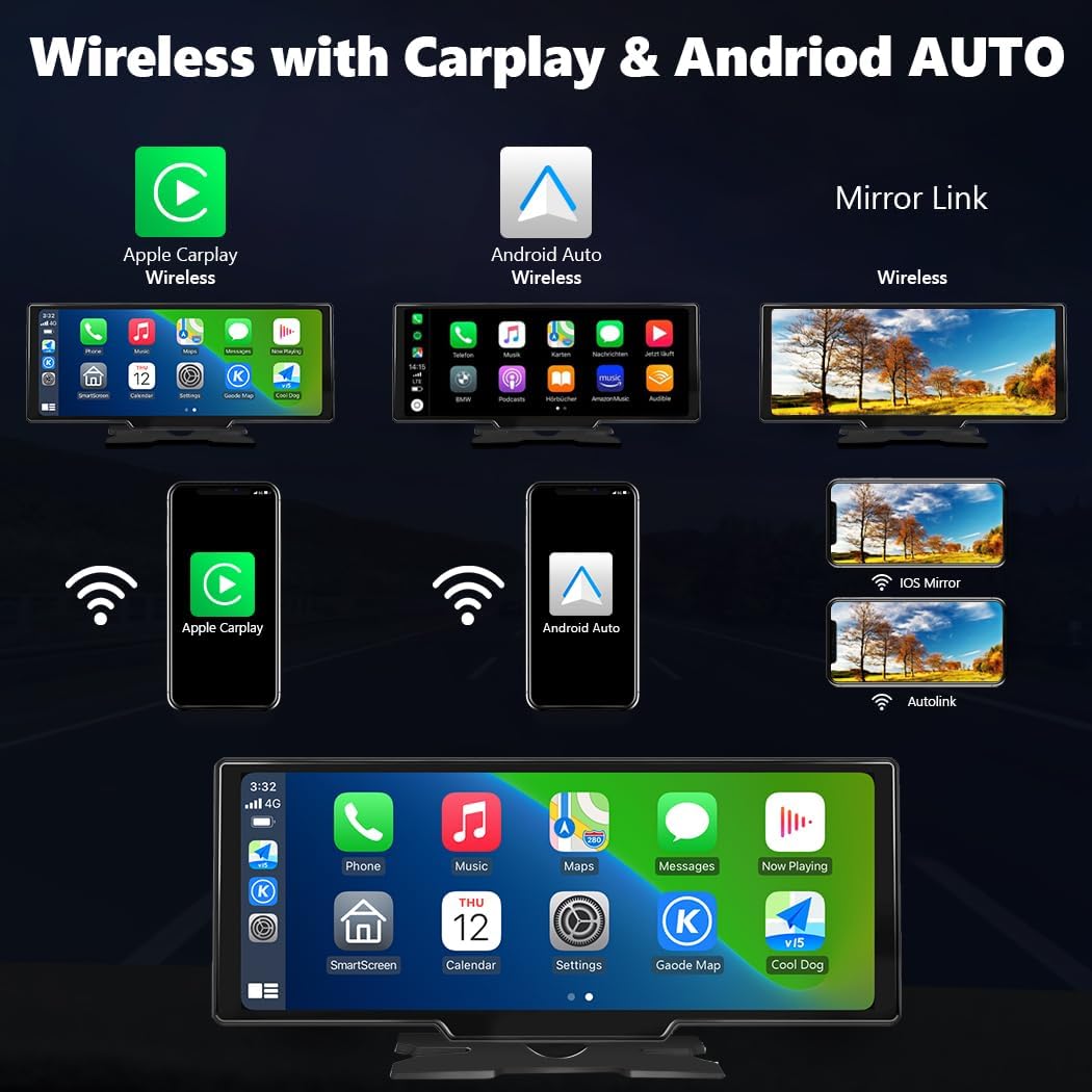 Portable Carplay Screen for Car 9.28" Carplay & Android Auto Car Touch Stereo, with 4K Dash Cam, 1080p Rear Camera,Bluetooth,Touch Screen GPS Navigation,Mirror Link, AirPlay, AUX/FM, Siri