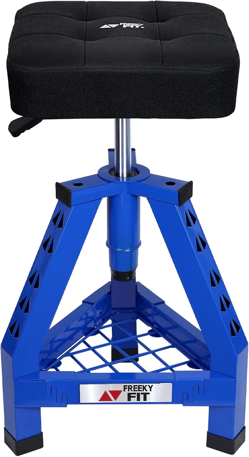Adjustable Shop Stool,Garage Mechanic Stool Chair,Work Seat for Workshop, Adjustable Height, 360° Swivel Padded Square Seat,Tool Storage, 350 LBS Capacity, Heavy Duty, Blue