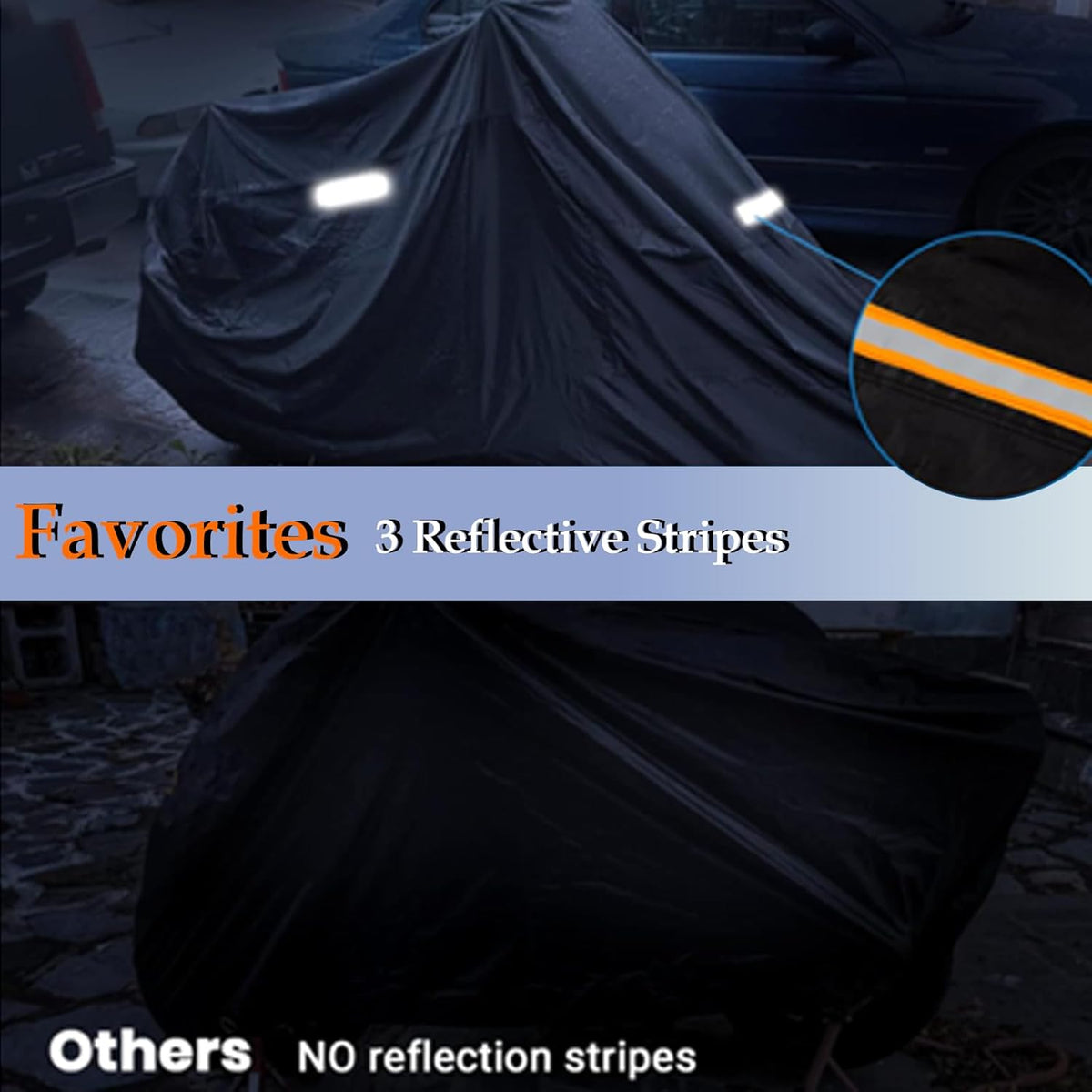Motorcycle Cover, 210D Oxford Cloth, with Reflective Stripes, Waterproof Outdoor Protection, All-Weather Universal car Cover, with Lock Holes and Storage Bag. (All Black, 90.5")