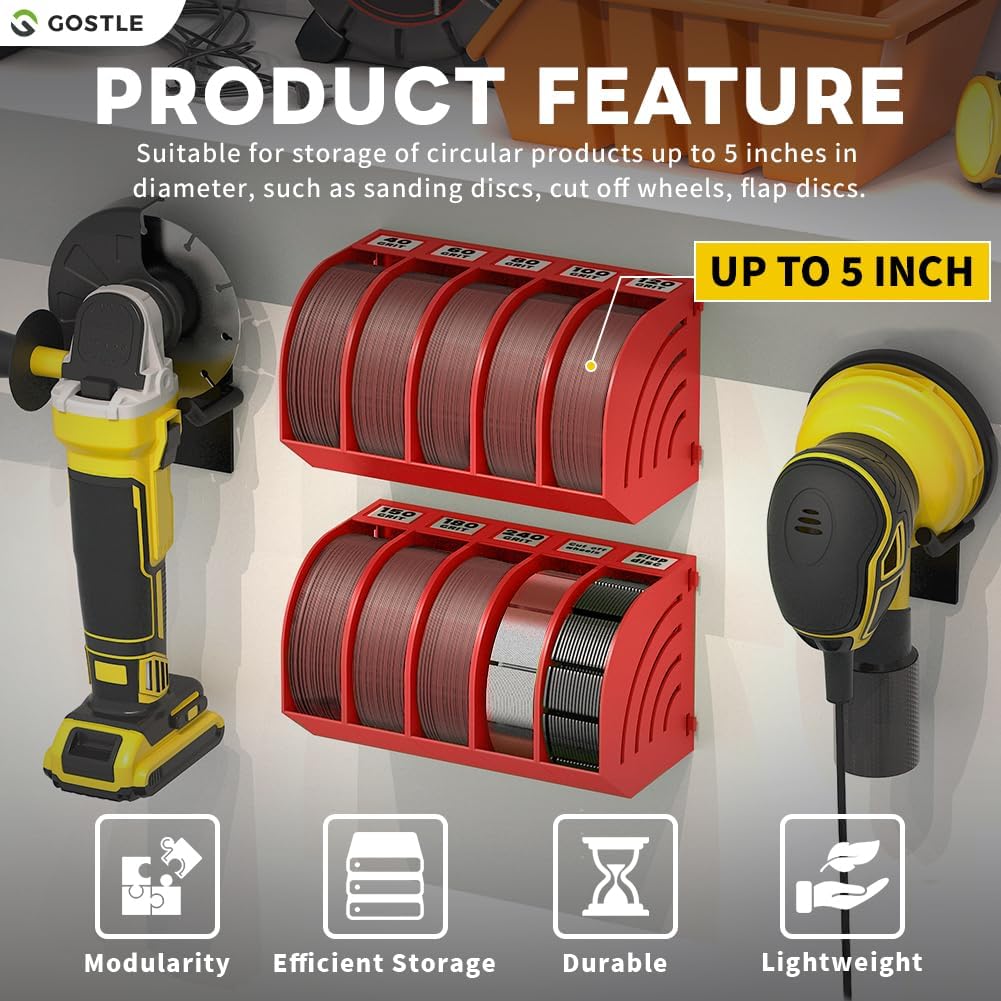 5 Inch Professional Sanding Discs Storage Bins - 10 Bins Set for Efficient Organization, Offset Snap-On Connection, Grit Classification, Space-Saving Design and Versatile Application, Red