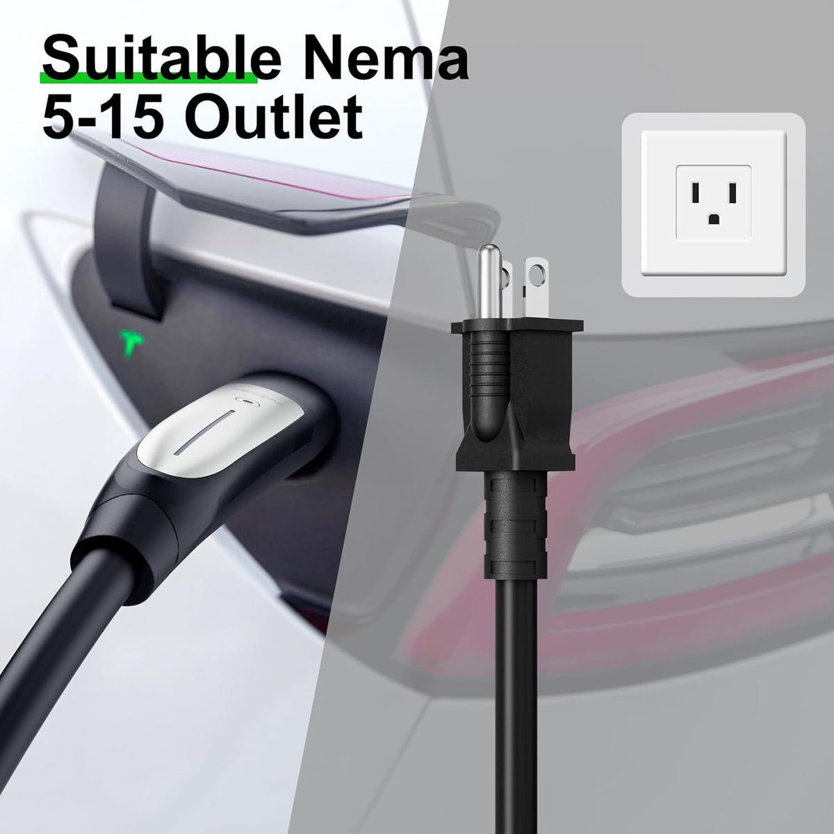 16 Amps Level 1 Tesla Charger, NEMA 5-15 Plug, Portable Electric Car Charger with a 23.5-Foot Cable, Compatible with Tesla Models X/Y/3/S and Cybertruck