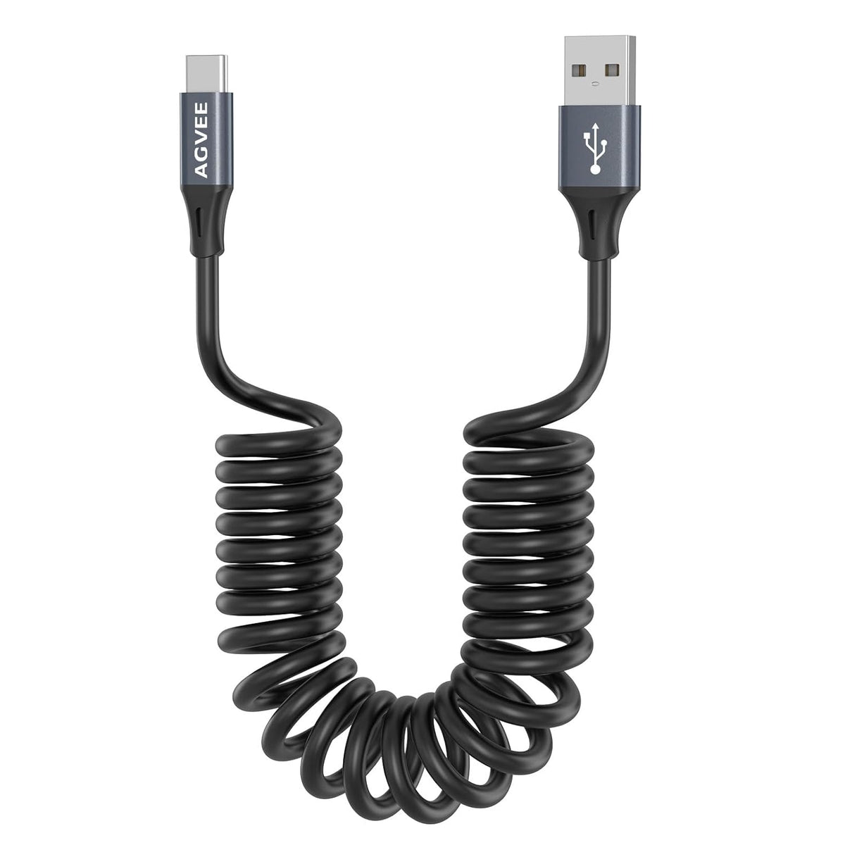 AGVEE 2 Pack 3ft Coiled Short USB to USB-C Charging Cable [USB-IF Certified] 3A Fast Charger Cord in Car for iPhone 16/15 CarPlay, Galaxy S25 S24 S23 S22 S21 S10 S9 S8, Google Pixel, Dark Gray
