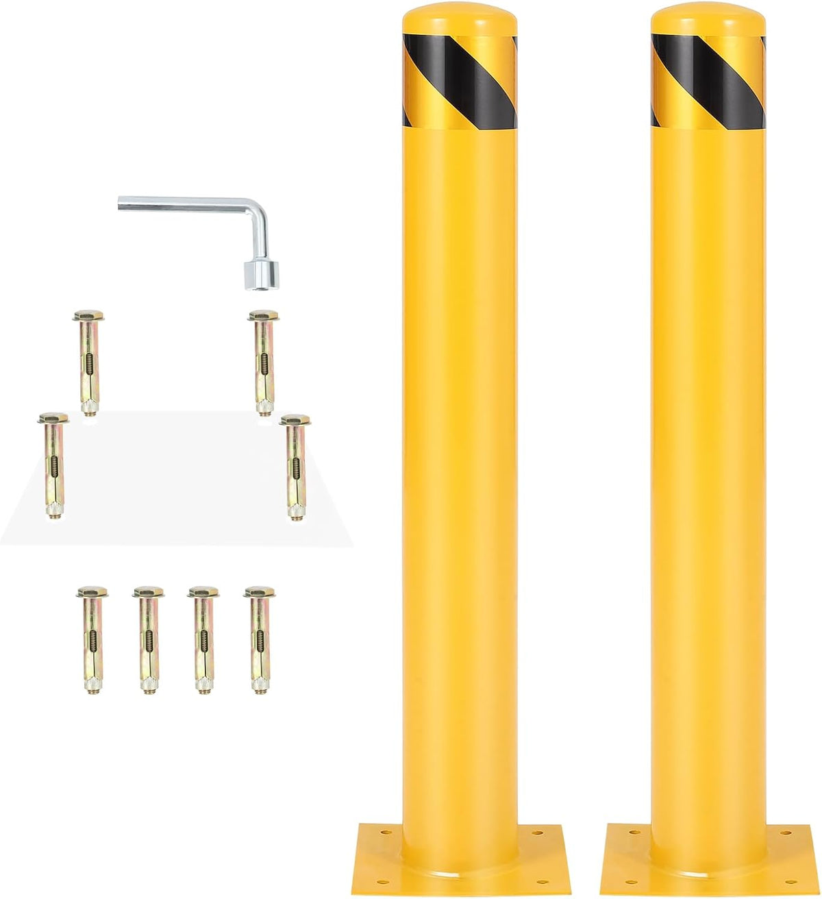 4.5x42 Inch Safety Bollard Post - Yellow Steel Bollard with Anchor Bolts (4-Pack) for Parking Lots, Walkways & Traffic Areas