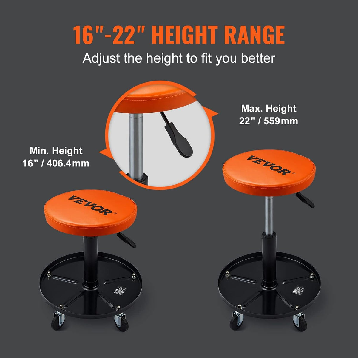 VEVOR Mechanic Stool, 250 LBS Rolling Pneumatic Creeper Garage/Shop Seat, Adjustable Height 16-22 inch in Padded Rolling Workshop Stool with Tool Tray, for Garage, Shop, Auto Repair, Black+Orange
