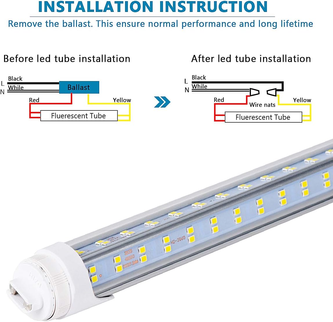 10PCS, LED Shop Light 8FT Tube, 2 Pin LED Tube Lights 270 Degree Angle, V Shaped 4 Row LEDs,R17D HO Rotatable LED Bulb, 144W, Clear Cover, Cold White 6000k, Fluorescent Tube Replacement