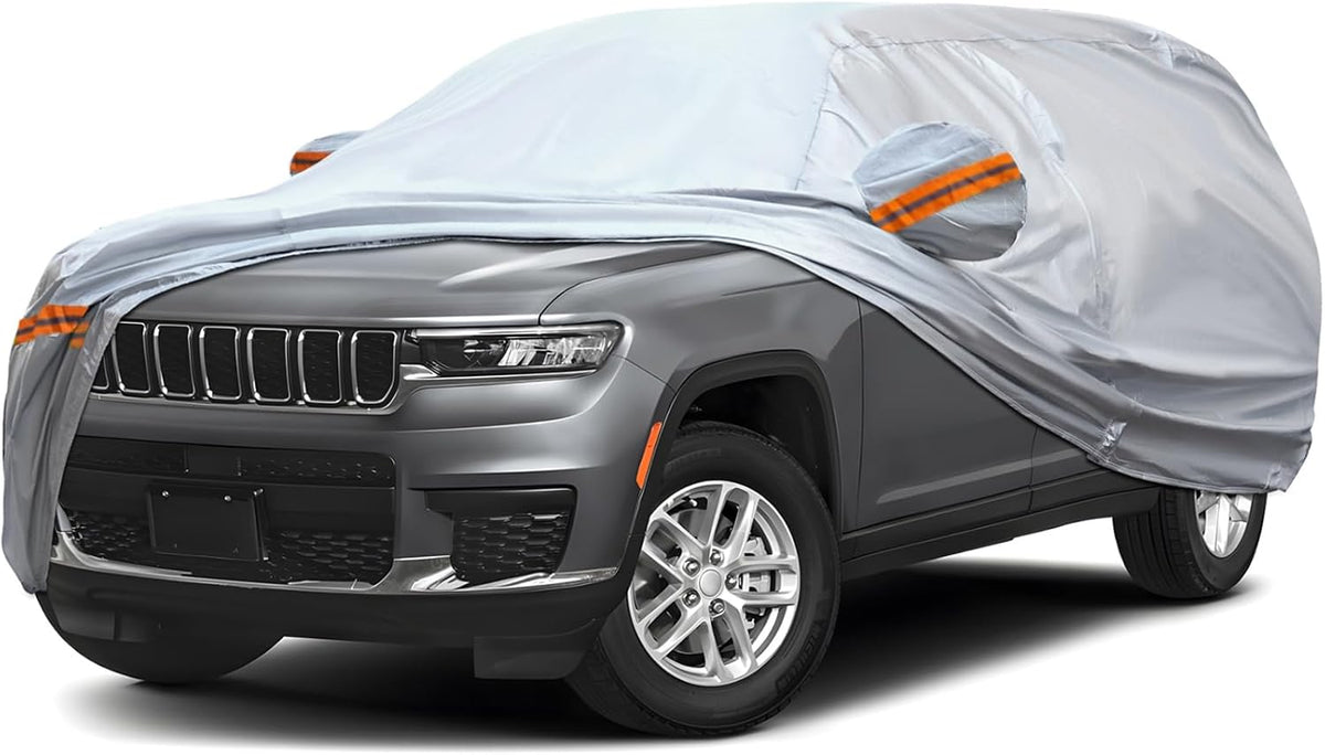 KEYOOG 6-Layer Full Car Cover is All-Weather Waterproof, Universal in All Seasons, Snow Prevention, Rainproof, Acid Rainproof, Sunscreen, Ultraviolet-Proof, Fit SUV 214"-236" Orange Reflective Strip