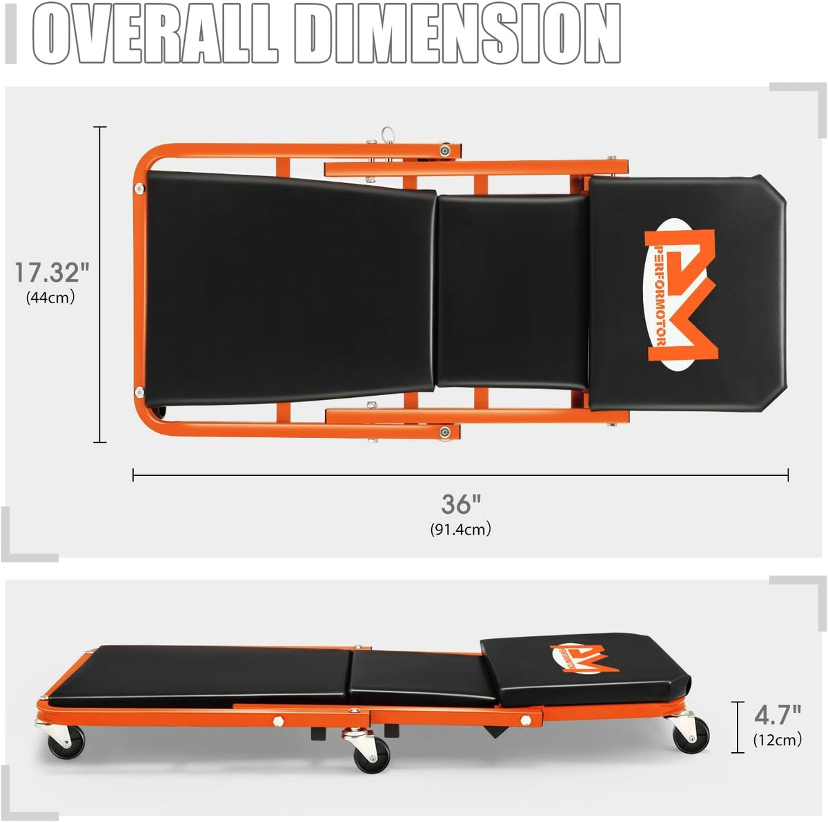 PM PERFORMOTOR 36 Inches Folding 2 in 1 Rolling Z Creeper, Adjustable Roller Garage Chair Lay Down or Sit, 6 Pcs 2" Casters, 150kg Weight Capacity, OrangePM-TOL-CPS36-OG